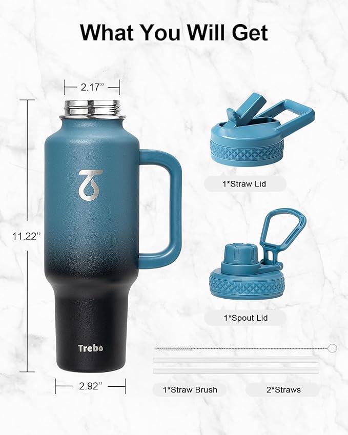 Trebo Insulated Water Bottle 40oz that Fits in Car Cup Holder with Spout Straw Lids, Stainless Steel Bottles Travel Flask with Handle, Metal Reusable Tumbler, Leakproof Keep Cold &Hot,Indigo/Black