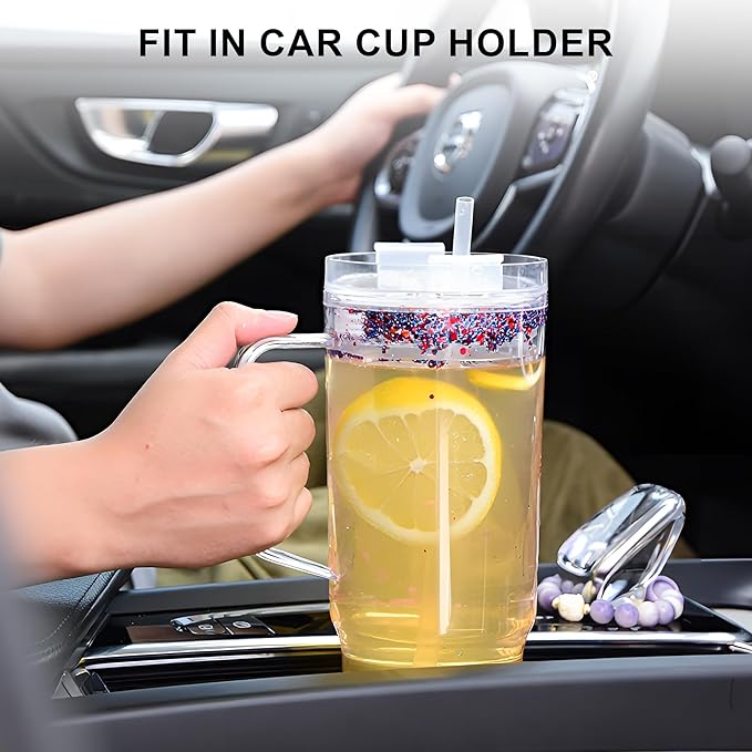 AGH 40 oz Snow Globe Tumbler with Handle,Pre-Drilled Double Wall Vacuum Reusable plastic Water Bottle Travel Mug Cup for Smoothie, Cocktail Beer, Soda, Fruit Juice