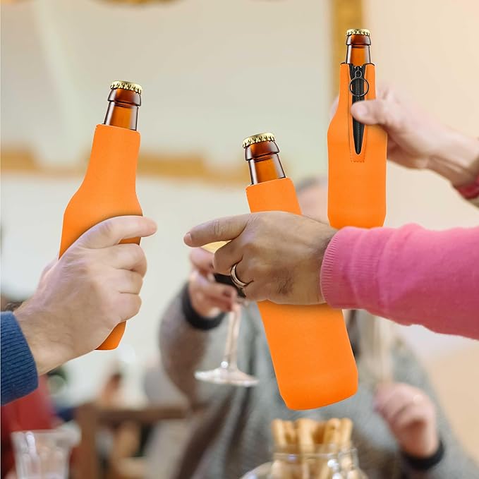 10 Neoprene Zippered Beer Bottle Coolies Pack - Sharkskin Rubber Bottom - Neon Orange