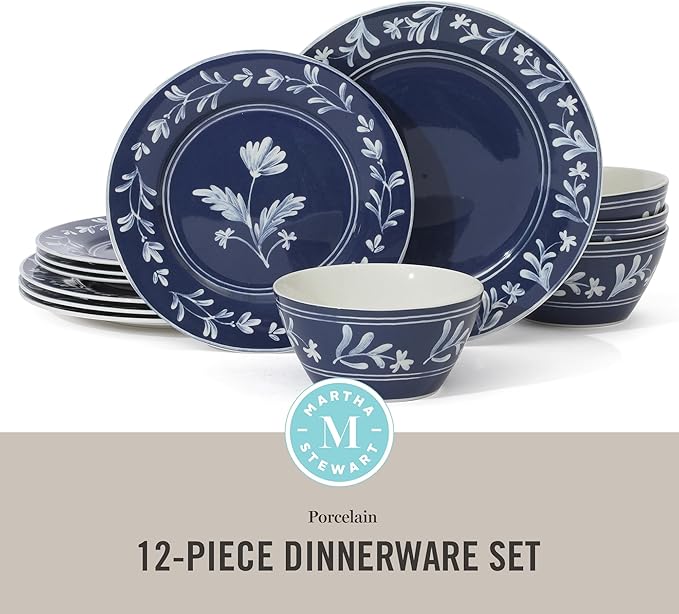 Martha Stewart Maiden Crown 12-Piece Sky Blue Dinnerware Set – Vegan Bone China Ceramic Plates & Bowls – Floral Design – Service for 4 – Microwave & Dishwasher Safe