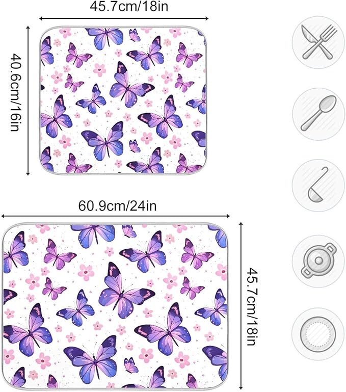 Pink Purple Butterfly Flower Dish Drying Mat for Kitchen Counter Absorbent Dish Drainer Mats Drying Pads 18"x24"