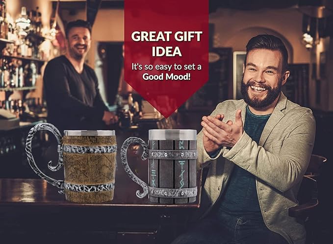 Wooden Barrel Mug Stein Tankard,Stainless Steel Drinking Mug with Handle,Norse Viking Mythology Poetic Gothic Decor Party Decoration Drinkware Gift for Men(Barrel)
