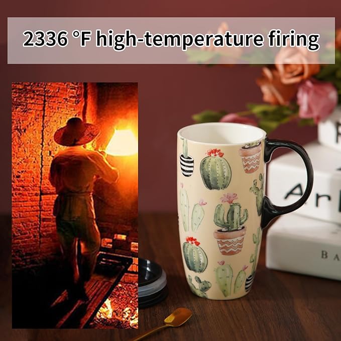 Topadorn Ceramic Mugs Porcelain Latte Tea Cup Coffee Mug with Lid and Handle Coffee Cup,17oz. Cactus