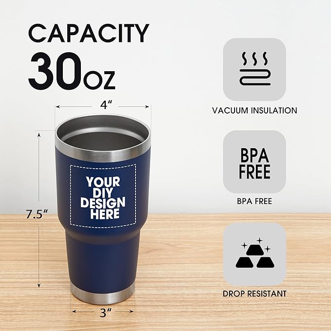 Personalized Custom Tumbler Print in USA 30oz Stainless Steel Coffee Cup with Lid & Straw Double Wall Insulated Tumbler with Colorful Text Logo Photo