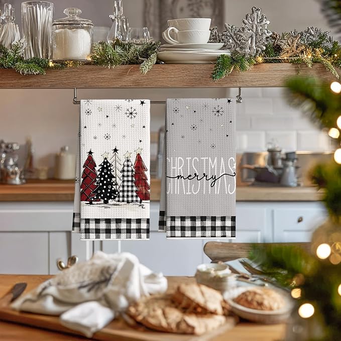 Artoid Mode Black Buffalo Plaid Xmas Tree Christmas Bar Kitchen Towels, 12x24 Inch Quick Dry Microfiber Cloth Dish Towels for Kitchen Drying Set of 2