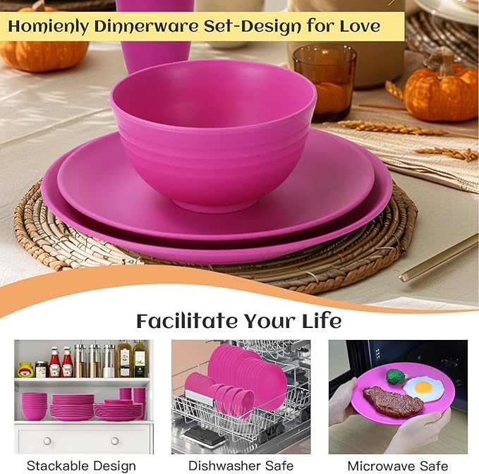 40-Piece Kitchen Plastic Wheat Straw Dinnerware Set, Dish Set for 8, Dinner Plates, Dessert Plate, Cereal Bowls, Cups, Appetizer Plates,Unbreakable Plastic Outdoor Camping Dishes,Pink