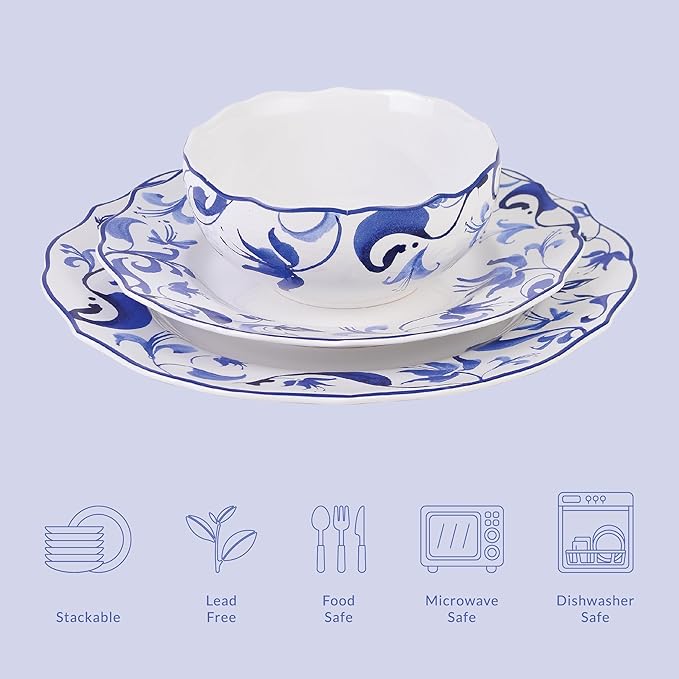 222 Fifth 12-Piece Porcelain Dinnerware Set for 4, Blue & White Plates and Bowls Set, Glossy Ceramic Dish Set with Beautiful Floral Rims, Elegant Kitchen Dishes, Microwave & Dishwasher Safe, Ayla