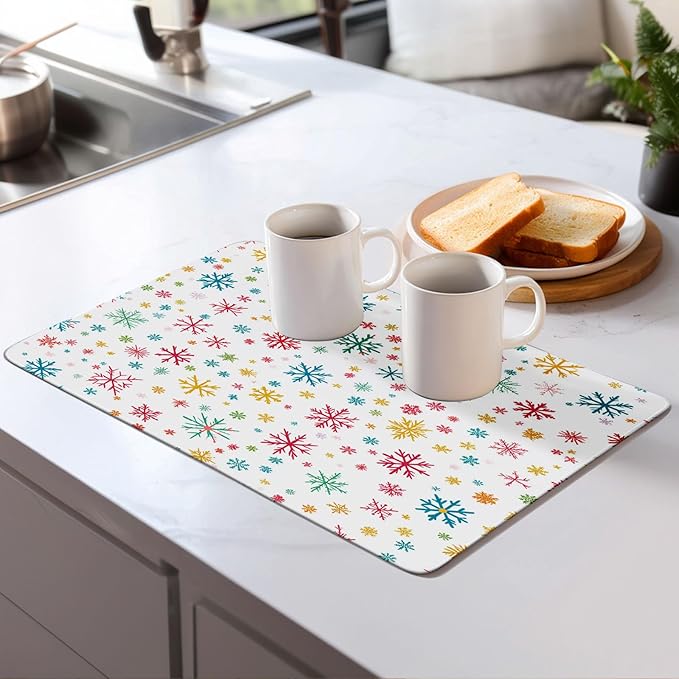 Christmas Snowflake Dish Drying Mat for Kitchen Counter Microfiber Super Absorbent Non-Slip Dish Drying Pad for Countertops Dishes Utensils Stylish Quick-Dry Machine Washable 18x24 Inch