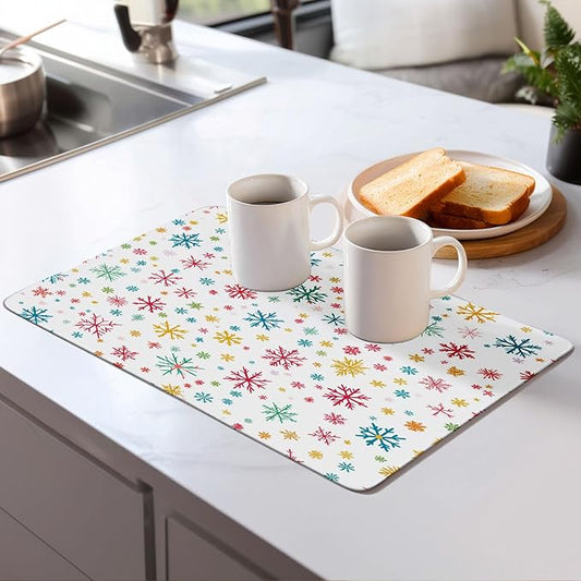 Christmas Snowflake Dish Drying Mat for Kitchen Counter Microfiber Super Absorbent Non-Slip Dish Drying Pad for Countertops Dishes Utensils Stylish Quick-Dry Machine Washable 18x24 Inch