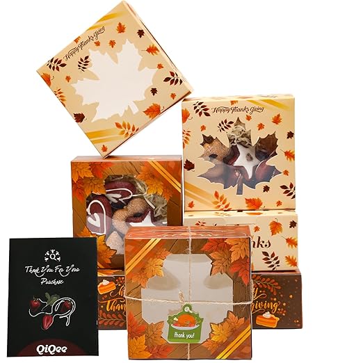 qiqee Thanksgiving Bakery Box with Window 60packs 6x6x3 Gold Leaves Cookie Boxes Pastry Box for Thanksgiving Day