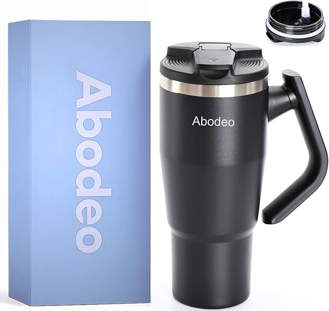 32 oz Stainless Steel Travel Coffee Tumbler with 360° Rotating Handle – Insulated Mug with Straw & Leakproof Lid | Spill Proof Tumblers - Fits Most Car Cup Holders, Hot & Cold Drinks (Black)