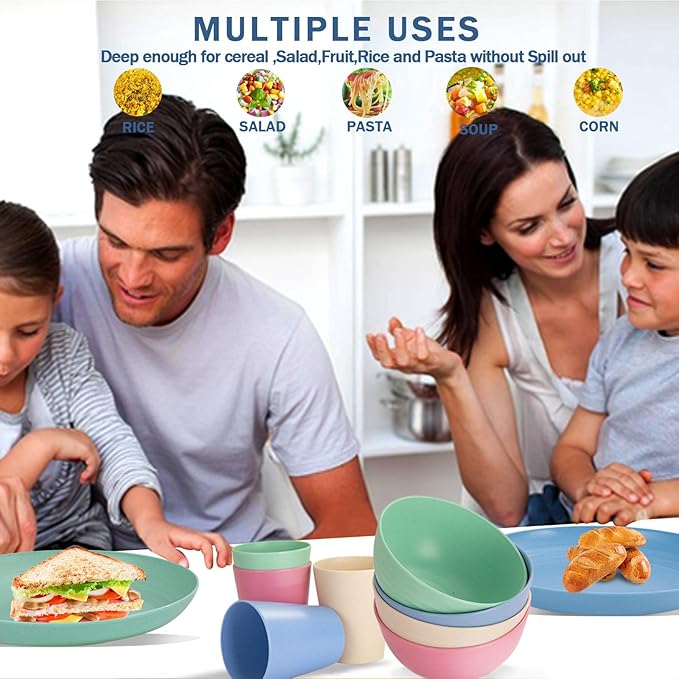 Rubtlamp Wheat Straw Plates and Bowls sets, Reusable Plastic Plate Set for 4, Kitchen Wheat Straw Dinnerware Sets (Spring Four Colors) Include Dinner Platos, Dessert Platos, Cereal Bowls, Cups