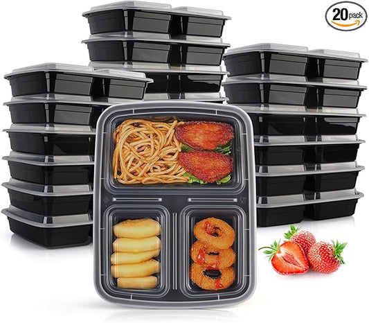 32oz Meal Prep Containers 3 Compartment: 20 Pack Plastic To Go Food Containers Reusable, Leakproof Food Storage with Lids for Takeout, BPA-Free, Microwave/Dishwasher/Freezer Safe