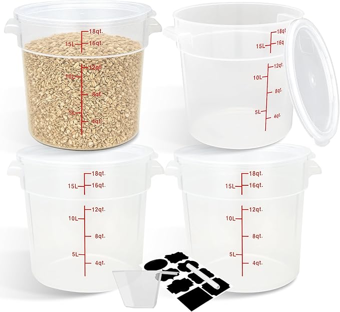 4 Pack Round Food Storage Containers with Lids, 18Qt Large Translucent, Polypropylene, BPA Free, Includes Labels & Measuring Cups
