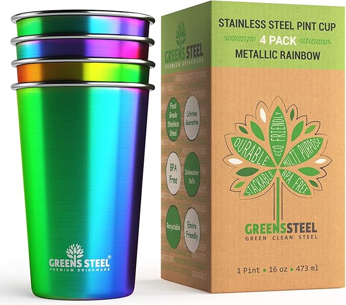 Stainless Steel Cups 16 oz Pint Tumbler (4 Pack) - Premium Metal Drinking Glasses | Stackable Durable Cup (16 oz Rainbow)