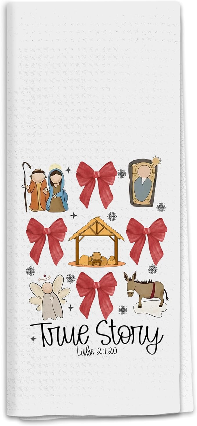 Christian Christmas Nativity Kitchen Towels, Red Coquette Bow Xmas Dish Tea Towels for Kitchen, Luke 2:1-20 Bible Verse Religious Decorative Hand Towel for Bathroom, 16x24 Inch