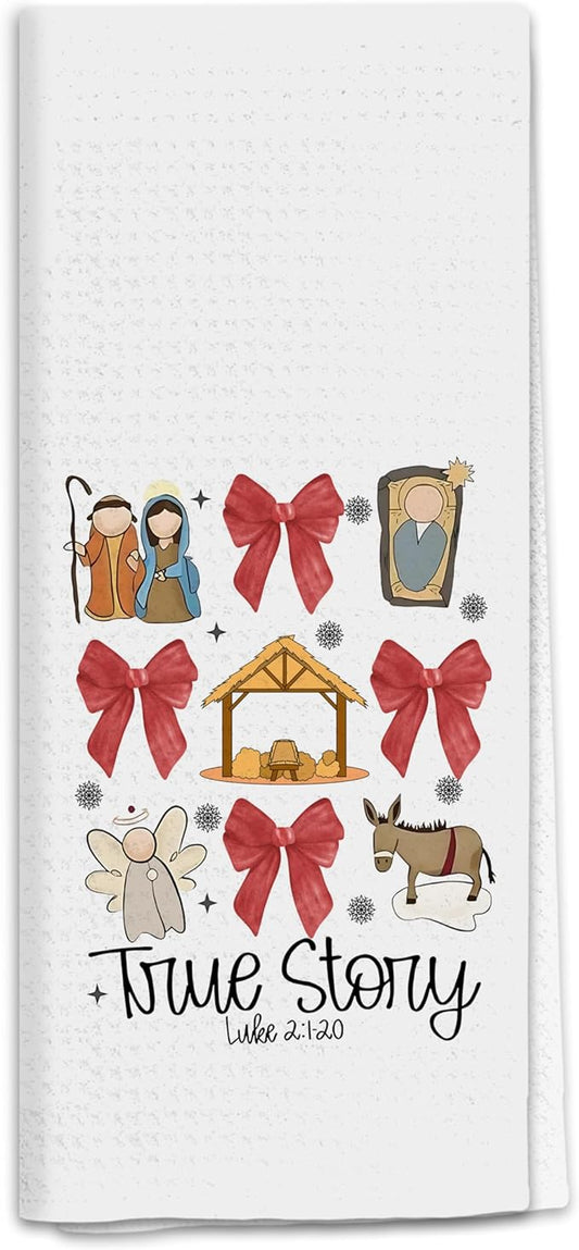 Christian Christmas Nativity Kitchen Towels, Red Coquette Bow Xmas Dish Tea Towels for Kitchen, Luke 2:1-20 Bible Verse Religious Decorative Hand Towel for Bathroom, 16x24 Inch