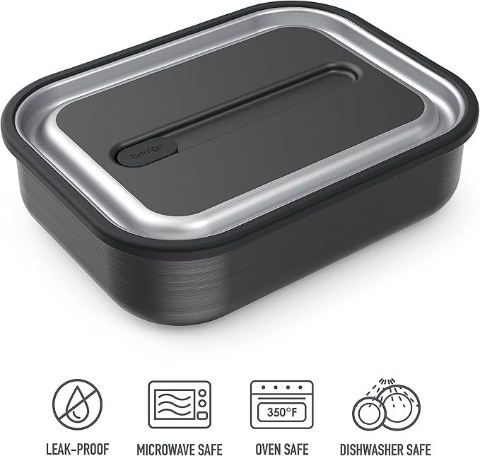 Bentgo MicroSteel Leak-Proof Lunch Box - Microwave-Safe, Oven-Safe, Bento-Style Container with Removable Divider, Airtight Lid, Sustainable Design, Odor & Stain Resistant (Carbon Black)