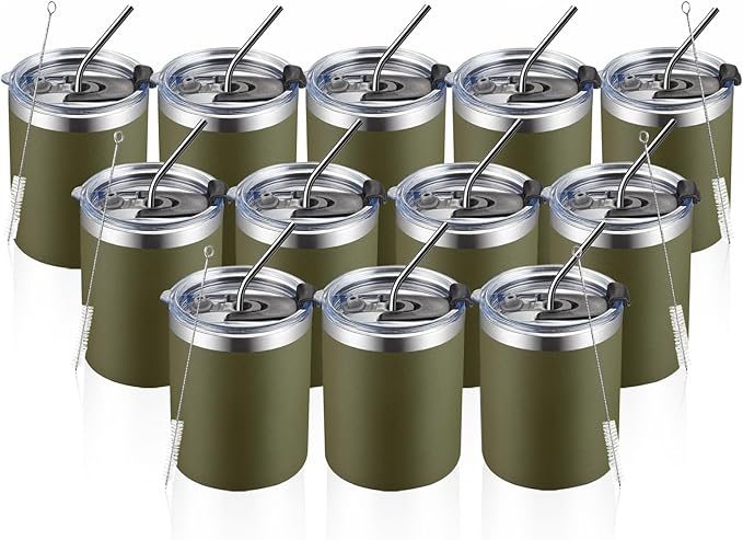 MEWAY 12 oz Lowball, Tumbler Stainless Steel Double Wall Vacuum Insulated Mug with Straw and Lid, Cleaning Brush ，Durable Powder Coated Insulated Coffee Cup for Cold & Hot Drinks (Army Green,12)