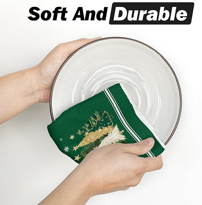 Artoid Mode Green Star Xmas Tree Merry Christmas Bar Kitchen Towels, 12x24 Inch Quick Dry Microfiber Cloth Dish Towels for Kitchen Drying Set of 2