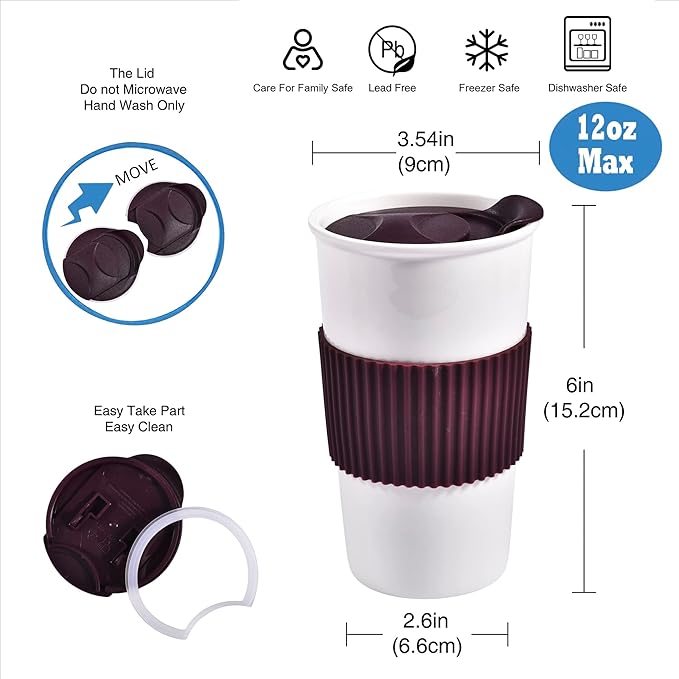 Ceramic Travel Mug, Double Wall Insulated Takeaway 12 oz Coffee Cup for Hot & Cold Beverages, Reusable White Coffee Mug, Splash Resistant Lid & Protective Silicone Sleeve, for Car Cup-Holder, Brown