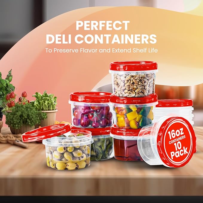 RFAQK 10 PCS Freezer Storage Containers-[10*16 OZ] Plastic Food Storage Containers with Twist Top Lids-BPA Free Leakproof Jars-Deli Container Stackable Meal Prep Reusable Box for Lunch,Soup,Oats,Gym