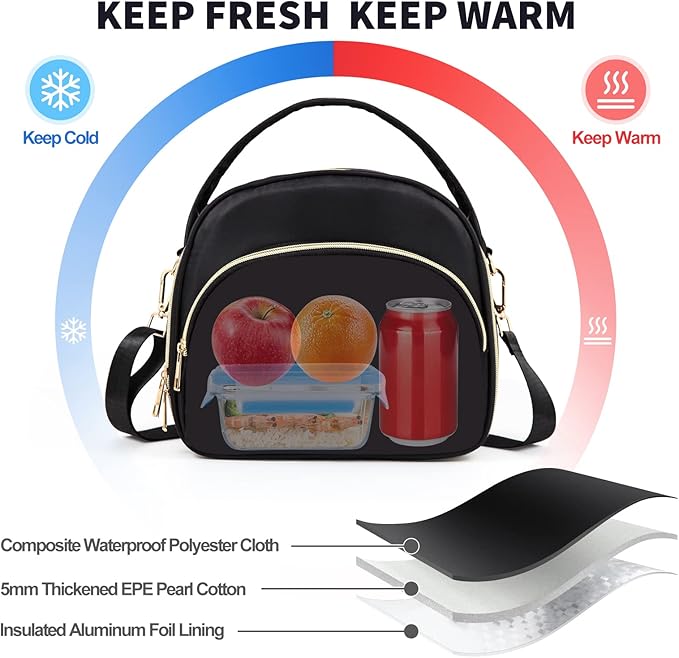 Black Cute Insulated Lunch Tote Bag for Women Work,Reusable Adult Lunch Box for Women, Stylish Wide Open Cooler Bag for Work(Black)