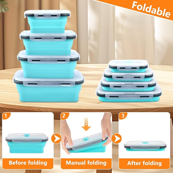 8 Pack Collapsible Food Storage Containers with Lid & Air Vent, 4 Rectangular and 4 Round Foldable Collapsible Storage Containers Sets, Lunch Bowls for Travel, Microwave Freezer Dishwasher Safe