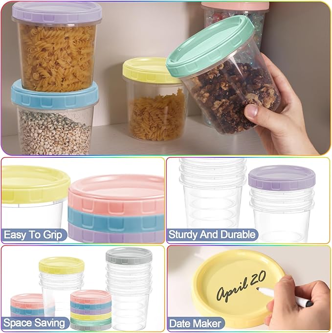 12pcs 32 oz Plastic Containers with Screw Top Lids, Reusable Clear Food Storage Containers with Pen and Brush, Leakproof Freezer Soup Containers, Microwave & Dishwasher Safe