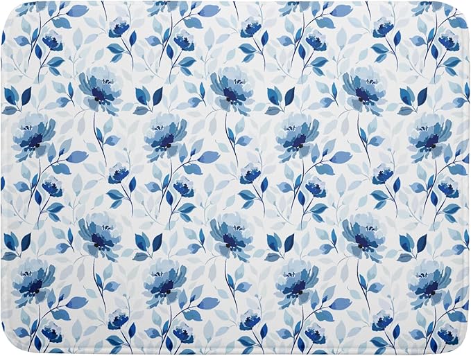 Blue Floral Dish Drying Mat 18x24 inch Flower Leaves Dish Rack Pad Microfiber Washable Dishes Drainer Pad Kitchen Countertop Accessories