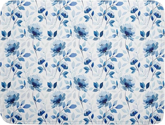 Blue Floral Dish Drying Mat 18x24 inch Flower Leaves Dish Rack Pad Microfiber Washable Dishes Drainer Pad Kitchen Countertop Accessories
