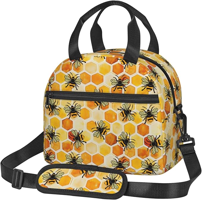 Bee Reusable Insulated Lunch Box Waterproof Lunch Bag with Detachable and Adjustable Shoulder Strap for Office Picnic or Travel