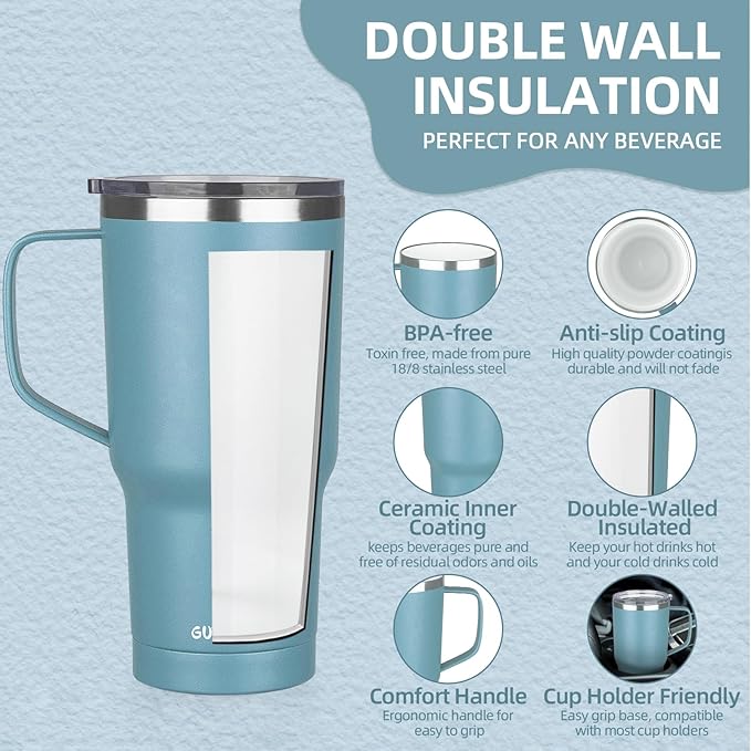 20 oz Insulated Coffee Mug with Ceramic Coating, Stainless Steel Travel Mug Tumbler with Handle Lid and Straw, Double Wall Leak-Proof Coffee Travel Mug Keeps Drink Hot and Cold (Lake Green)