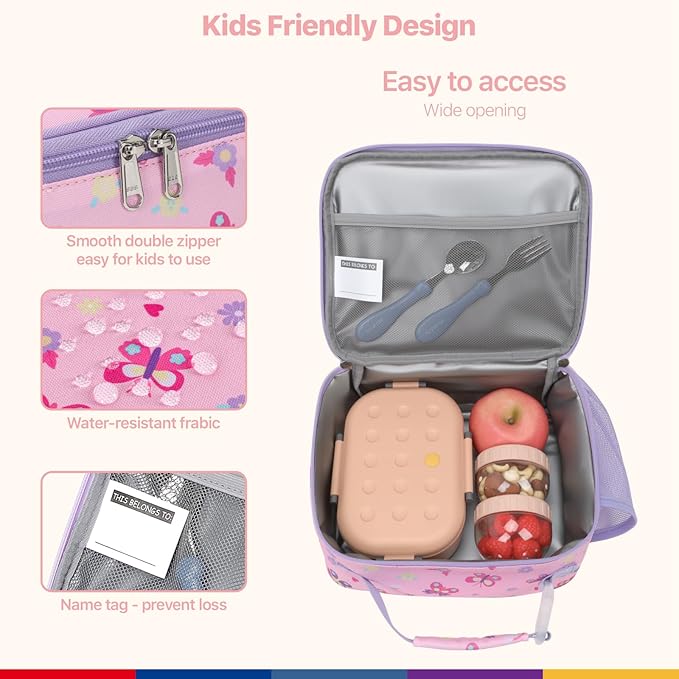 Bagseri Kids Lunch Bag for Girls - Insulated Kids Lunch Box for Daycare and School Reusable Meal Tote Bag with Water Bottle Holder, Easy-Clean Water-Resistant Fabric, Pink Butterfly