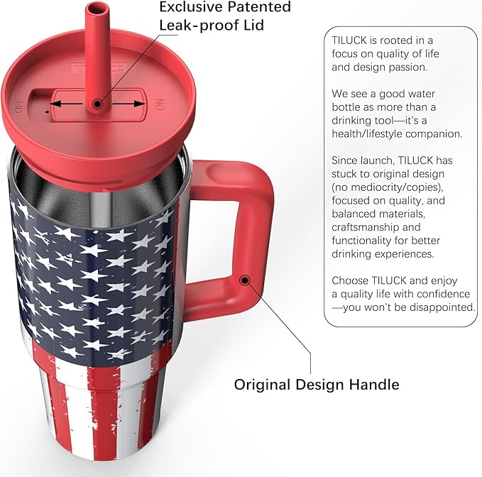 TILUCK 40 oz Tumbler with Handle, Vacuum Insulated Stainless Steel Travel Mug with 100% Leak-Proof Silicone Straw Lid, Cupholder Friendly Water Bottle(RedFlag, 40oz)