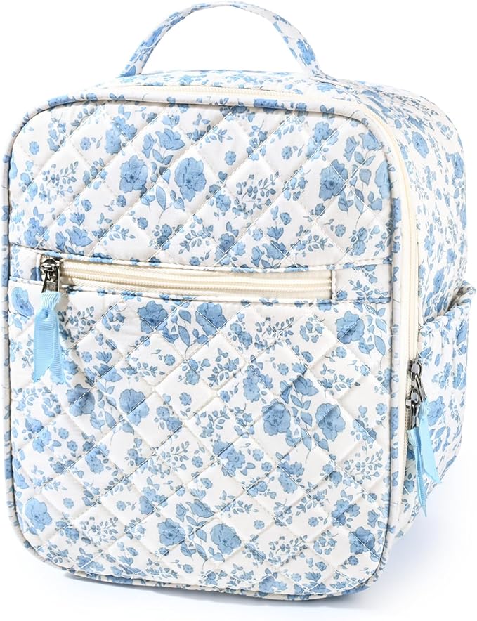 Aileam Lunch Box Lunch Bag for Women Cute Girls Insulated Womens Lunch Bag For Work Quilted Large Capacity Reusable Insulated Cooler for Work School Picnic Travel, Blue Flower