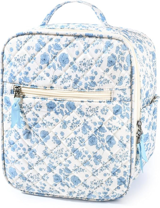 Aileam Lunch Box Lunch Bag for Women Cute Girls Insulated Womens Lunch Bag For Work Quilted Large Capacity Reusable Insulated Cooler for Work School Picnic Travel, Blue Flower