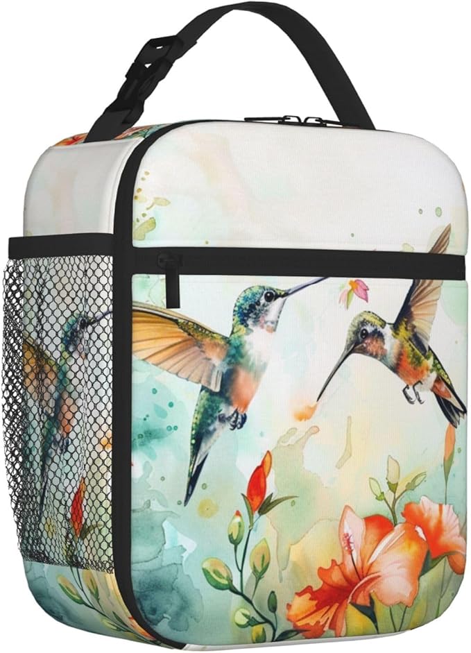 SUPLUCHOM Lunch Bag Hummingbird Flower Watercolor Insulated Bento Box Cooler with Side Pocket for Girl Boy Women Men Work School Picnic Hiking Daytrip