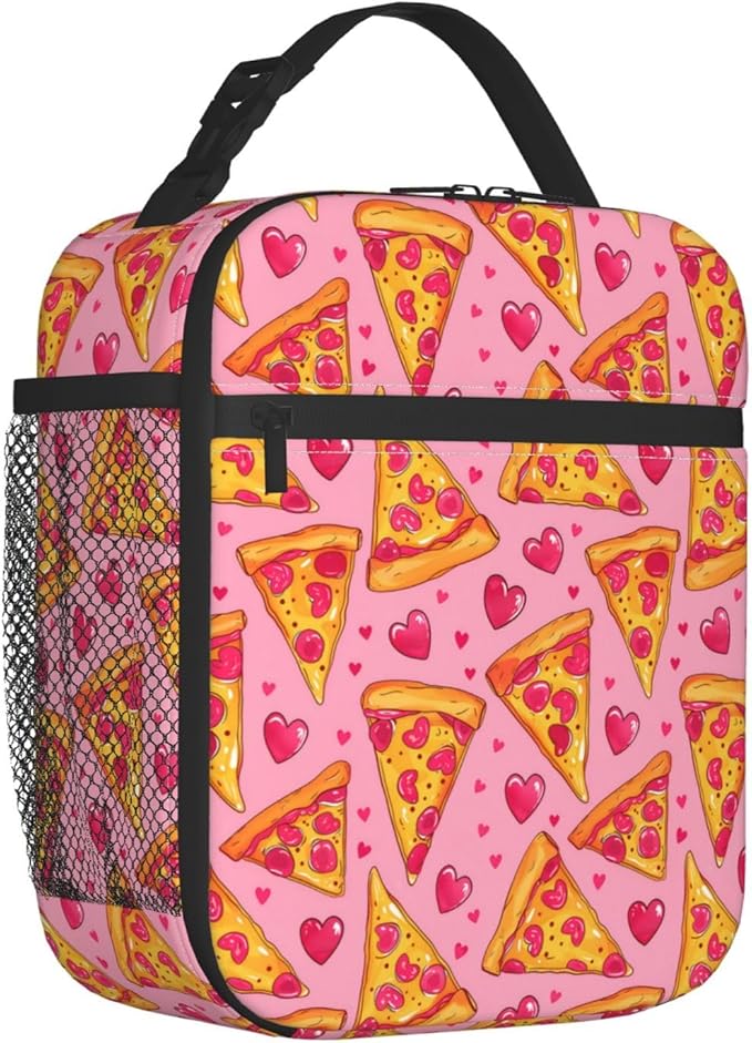 Reusable Pizza and Heart Lunch Box for Kids Girls Boys Women Adult, Insulated Mexican Food Lunch Bag,Polyester Cooler Handbags Case for School Picnic Work Travel Beach or Hiking