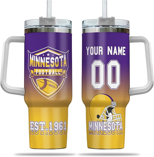 Custom Football Tumbler with Handle & Straw, Personalized 40oz Stainless Steel Insulated Travel Mug, Name & Number Cup, Sports Gift for Game Day Fans (Minnesota)