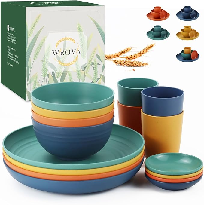 Wrova Wheat straw plates and bowls sets of 16 - Unbreakable wheat straw dinnerware sets for kids - Alternative plastic dinnerware set service for 4 - Microwave safe and Dishwasher safe bowls. Colorful