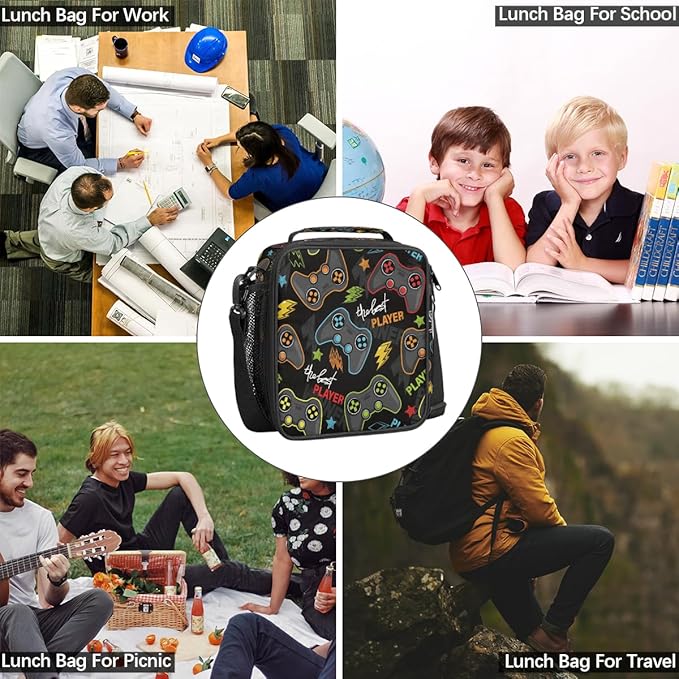 Abstract Joystick Game Lunch Bag Box for Kids Boys Girls Black Insulated Lunch Tote Bag with Adjustable Shoulder Strap Reusable Waterproof Thermal Cooler Bag for School Work Picnic Women Men