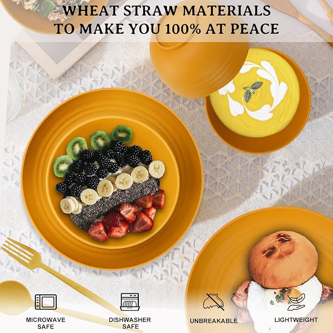 28-Piece Wheat Straw Dinnerware Sets, Microwave & Dishwasher Safe Unbreakable Dinnerware Set, Reusable Dishware Sets, Lightweight Camping Dishes, Plates, Cups, Cereal Bowls for 4(Yellow Orange)