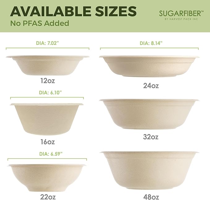 [125 SET]Sugarfiber by Harvest Pack 16oz PFAS FREE Round Paper Bowls with Flat Lids, Heavy-Duty Eco-Friendly Disposable Bagasse Bowls Sugarcane Natural for Acai Bowl Meal Prep Takeout Dinnerware