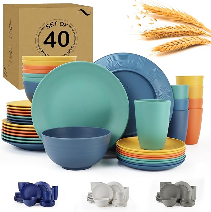 Wheat Straw Dinnerware Sets for 8,Dishwasher & Microwave Safe Plates and Bowls Sets 40 PCS, Unbreakable Dish Sets for Kitchen,Camping and Outdoor,Alternative to Plastic Bowls Reuseable - Multi color