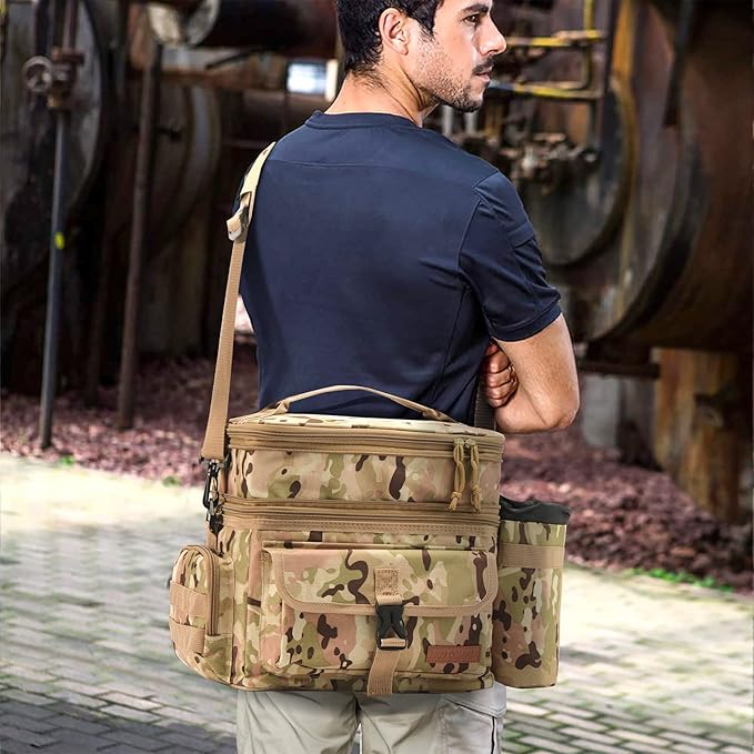 Tactical Lunch Bag for Men Expandable Double Deck Insulated Lunch Box Leakproof Large Capacity Thermal Cooler Bag with MOLLE Water Bottle Pouch for Adults for Work Picnic Camping（Camouflage）