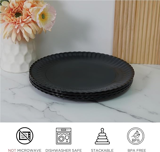 TP 10.5 inch Melamine Dinner Plates Set of 6, Lightweight Serving Round Salad Appetizer Plate for 6, Dessert Dishes for Indoors and Outdoors, Black