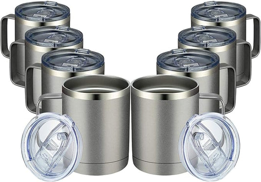MEWAY 12oz Coffee Mug With Handle 8 Pack Bulk,Stainless Steel Insulated Travel Tumblers With Sliding Lid,Double Wall Vacuum Camping Cup for Hot & Cold Drinks Tea (Cold Grey,Set of 8)