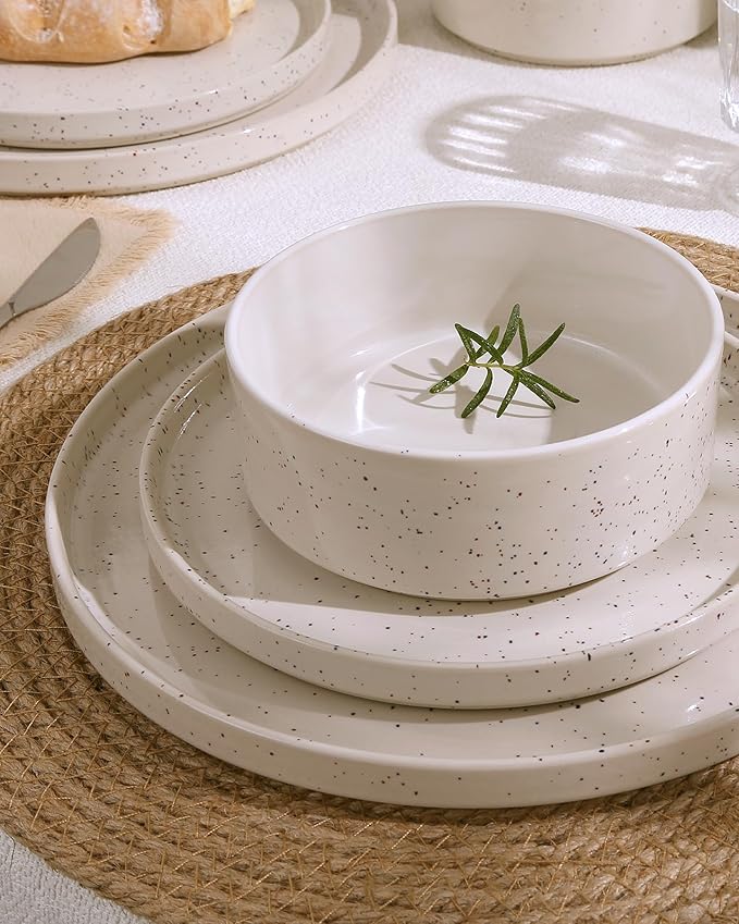 Famiware Nebula Plates and Bowls Set, 24 Pieces Dinnerware Sets, Dishes Set for 8, Creamy White with Colorful Speckles