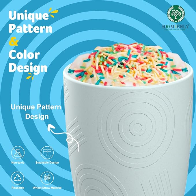 Homienly Wheat Straw Cups - 12 OZ Reusable Stackable Water Tumblers with Etched Pattern - Dishwasher Safe Set of 8 (Island Series)